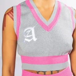 COLLEGIATE SO STUDIOUS CROPPED SLEEVELESS SWEATER -helmut shop collegiate so studious cropped sleeveless sweater grey multi 7 7