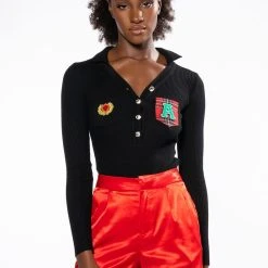 COLLEGIATE STUDY HALL LONG SLEEVE BUTTON DOWN BODYSUIT -helmut shop collegiate study hall long sleeve button down bodysuit black 4 4 c1 c1 c1 c1