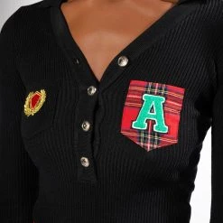 COLLEGIATE STUDY HALL LONG SLEEVE BUTTON DOWN BODYSUIT -helmut shop collegiate study hall long sleeve button down bodysuit black 8 8 c1 c1 c1 c1