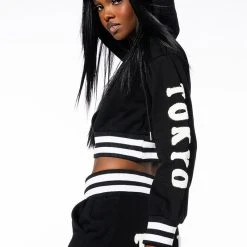 COLLEGIATE TOKYO NIGHTS CROPPED HOODED SWEATSHIRT -helmut shop collegiate tokyo nights cropped hooded sweatshirt black 2 2