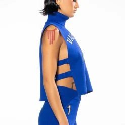 COLLEGIATE VARSITY BLUES KNIT TURTLENECK OPEN SIDES SWEATER -helmut shop collegiate varsity blues sleeveless turtleneck sweater royal blue 5 5