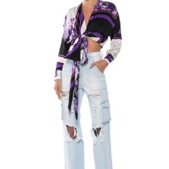 COLORFUL TIE FRONT SATIN BLOUSE -helmut shop colorful tie front satin blouse purple multi 2 2