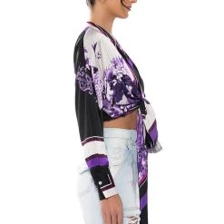 COLORFUL TIE FRONT SATIN BLOUSE -helmut shop colorful tie front satin blouse purple multi 3 3