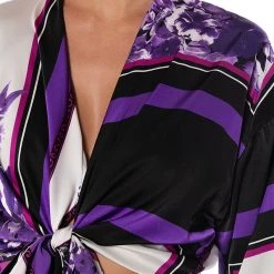 COLORFUL TIE FRONT SATIN BLOUSE -helmut shop colorful tie front satin blouse purple multi 5 5