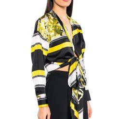 COLORFUL TIE FRONT SATIN BLOUSE -helmut shop colorful tie front satin blouse yellow multi 2 2