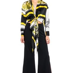 COLORFUL TIE FRONT SATIN BLOUSE -helmut shop colorful tie front satin blouse yellow multi 3 3