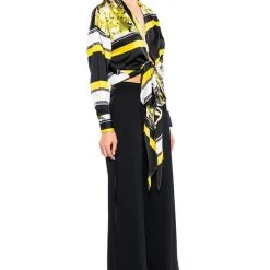 COLORFUL TIE FRONT SATIN BLOUSE -helmut shop colorful tie front satin blouse yellow multi 4 4