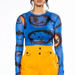 COLORS OF THE WIND LONG SLEEVE CREW NECK MESH CROP -helmut shop colors of the wind long sleeve crew neck mesh crop blue multi 3 3