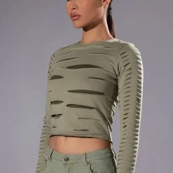 COME AROUND DISTRESSED LONG SLEEVE TOP -helmut shop come around distressed long sleeve top green multi 2 2