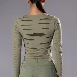 COME AROUND DISTRESSED LONG SLEEVE TOP -helmut shop come around distressed long sleeve top green multi 5 5