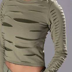 COME AROUND DISTRESSED LONG SLEEVE TOP -helmut shop come around distressed long sleeve top green multi 6 6