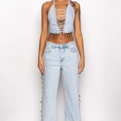 COVERED IN DIAMONDS DENIM PLUNGE CROP TOP -helmut shop covered in diamonds denim plunge crop top light blue 10 10