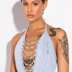 COVERED IN DIAMONDS DENIM PLUNGE CROP TOP -helmut shop covered in diamonds denim plunge crop top light blue 2 2