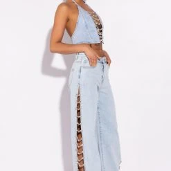 COVERED IN DIAMONDS DENIM PLUNGE CROP TOP -helmut shop covered in diamonds denim plunge crop top light blue 3 3