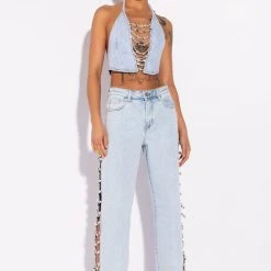 COVERED IN DIAMONDS DENIM PLUNGE CROP TOP -helmut shop covered in diamonds denim plunge crop top light blue 4 4