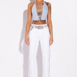 COVERED IN DIAMONDS DENIM PLUNGE CROP TOP -helmut shop covered in diamonds denim plunge crop top light blue 5 5