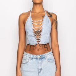 COVERED IN DIAMONDS DENIM PLUNGE CROP TOP -helmut shop covered in diamonds denim plunge crop top light blue 6 6