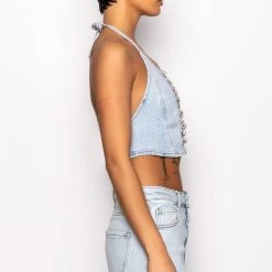 COVERED IN DIAMONDS DENIM PLUNGE CROP TOP -helmut shop covered in diamonds denim plunge crop top light blue 7 7
