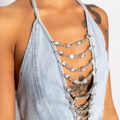 COVERED IN DIAMONDS DENIM PLUNGE CROP TOP -helmut shop covered in diamonds denim plunge crop top light blue 9 9