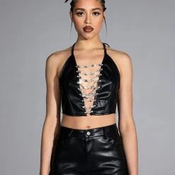 COVERED IN ICE FAUX LEATHER RHINESTONE TANK TOP -helmut shop covered in ice faux leather rhinestone tank top black 5 5