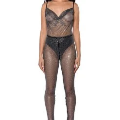 COWL NECK RHINESTONE MESH JUMPSUIT -helmut shop cowl neck rhinestone mesh jumpsuit black 2 2