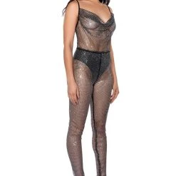 COWL NECK RHINESTONE MESH JUMPSUIT -helmut shop cowl neck rhinestone mesh jumpsuit black 3 3