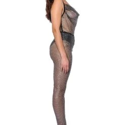 COWL NECK RHINESTONE MESH JUMPSUIT -helmut shop cowl neck rhinestone mesh jumpsuit black 4 4