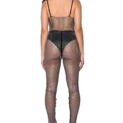 COWL NECK RHINESTONE MESH JUMPSUIT -helmut shop cowl neck rhinestone mesh jumpsuit black 5 5