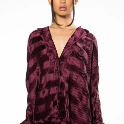 CRINKLE SATIN LONG SLEEVE BUTTON DOWN BLOUSE -helmut shop crinkle satin long sleeve button down blouse dark purple 3 3