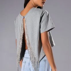 CURTAIN CALL OPEN BACK RHINESTONE CREW NECK TSHIRT -helmut shop curtain call open back rhinestone crew neck tshirt heather grey 3 3 c1