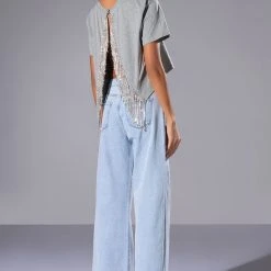 CURTAIN CALL OPEN BACK RHINESTONE CREW NECK TSHIRT -helmut shop curtain call open back rhinestone crew neck tshirt heather grey 4 4 c1