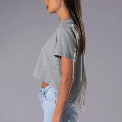 CURTAIN CALL OPEN BACK RHINESTONE CREW NECK TSHIRT -helmut shop curtain call open back rhinestone crew neck tshirt heather grey 5 5 c1