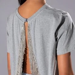 CURTAIN CALL OPEN BACK RHINESTONE CREW NECK TSHIRT -helmut shop curtain call open back rhinestone crew neck tshirt heather grey 7 7 c1