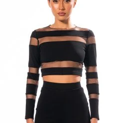 CUT TO THE CHASE MESH PANEL LONG SLEEVE CREW NECK TOP -helmut shop cut to the chase mesh panel long sleeve crew neck top black 3 3