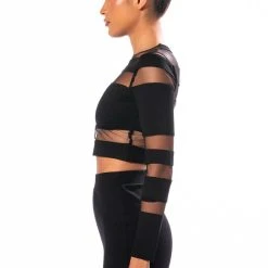 CUT TO THE CHASE MESH PANEL LONG SLEEVE CREW NECK TOP -helmut shop cut to the chase mesh panel long sleeve crew neck top black 4 4