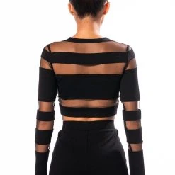 CUT TO THE CHASE MESH PANEL LONG SLEEVE CREW NECK TOP -helmut shop cut to the chase mesh panel long sleeve crew neck top black 5 5