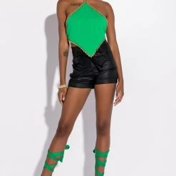 DASH CHAIN DETAIL RIBBED HALTER TOP