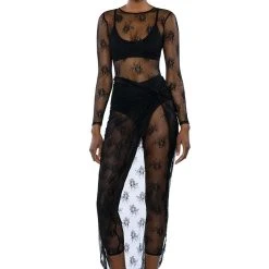 DAY BY DAY LACE JUMPSUIT AND TWIST FRONT MAXI SKIRT SET -helmut shop day by day lace jumpsuit and twist front maxi skirt set black 3 3