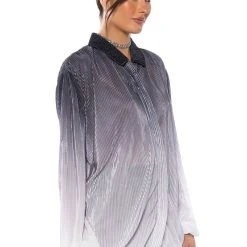 DAY TO NIGHT PLEATED SATIN BUTTON DOWN IN BLACK WHITE -helmut shop day to night pleated satin button down in black white black white 2 2