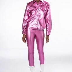 DAYTIME DISCO METALLIC FAUX LEATHER BUTTON DOWN -helmut shop daytime disco metallic faux leather button down pink 10 10