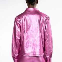 DAYTIME DISCO METALLIC FAUX LEATHER BUTTON DOWN -helmut shop daytime disco metallic faux leather button down pink 8 8