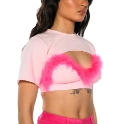 DIONNE FEATHER TRIM BRA AND ULTRA CROP TSHIRT SET -helmut shop dionne feather trim bra and ultra crop tshirt set pink multi 2 2