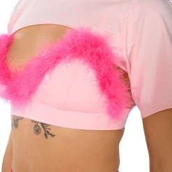 DIONNE FEATHER TRIM BRA AND ULTRA CROP TSHIRT SET -helmut shop dionne feather trim bra and ultra crop tshirt set pink multi 7 7