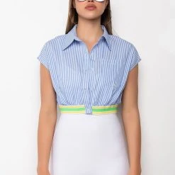 DIRTY MARTINI CROPPED SHORT SLEEVE POPLIN BLOUSE -helmut shop dirty martini cropped short sleeve poplin blouse blue multi 3 3