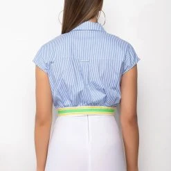 DIRTY MARTINI CROPPED SHORT SLEEVE POPLIN BLOUSE -helmut shop dirty martini cropped short sleeve poplin blouse blue multi 5 5