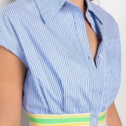 DIRTY MARTINI CROPPED SHORT SLEEVE POPLIN BLOUSE -helmut shop dirty martini cropped short sleeve poplin blouse blue multi 6 6