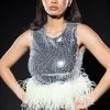 DISCO BALL SLEEVELESS FEATHER TRIM CROP TOP