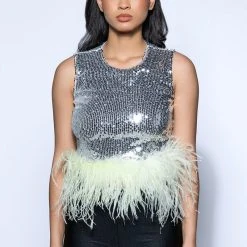 DISCO BALL SLEEVELESS FEATHER TRIM CROP TOP -helmut shop disco ball sleeveless feather trim crop top silver 3 3