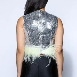 DISCO BALL SLEEVELESS FEATHER TRIM CROP TOP -helmut shop disco ball sleeveless feather trim crop top silver 5 5