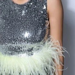 DISCO BALL SLEEVELESS FEATHER TRIM CROP TOP -helmut shop disco ball sleeveless feather trim crop top silver 6 6